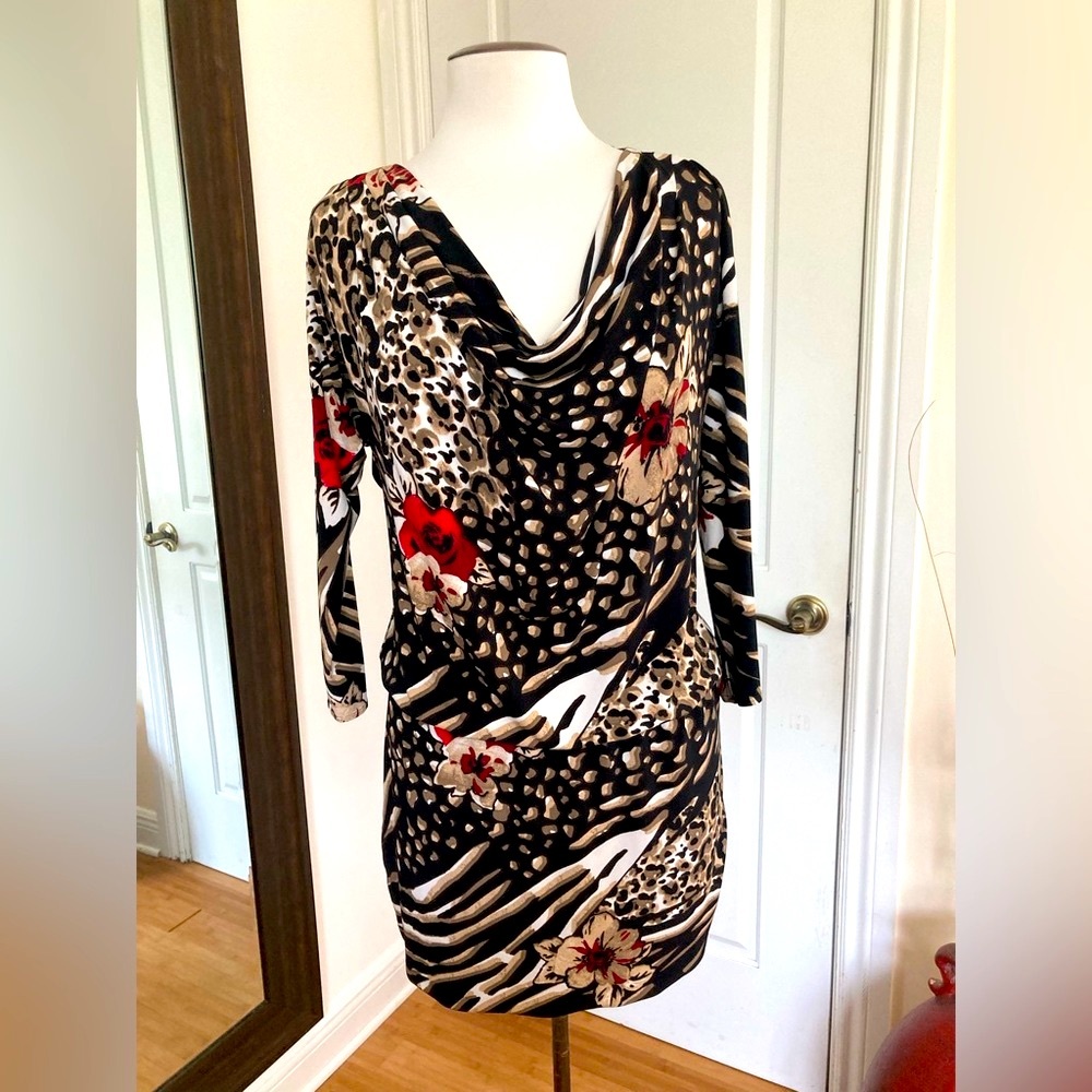 Cache animal and floral print, drop waist  sheath dress.